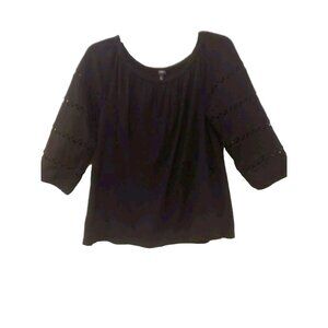 Talbots Shirt Blouse Top Boho Women's Petite M Black Cotton Blend 3/4 Sleeve